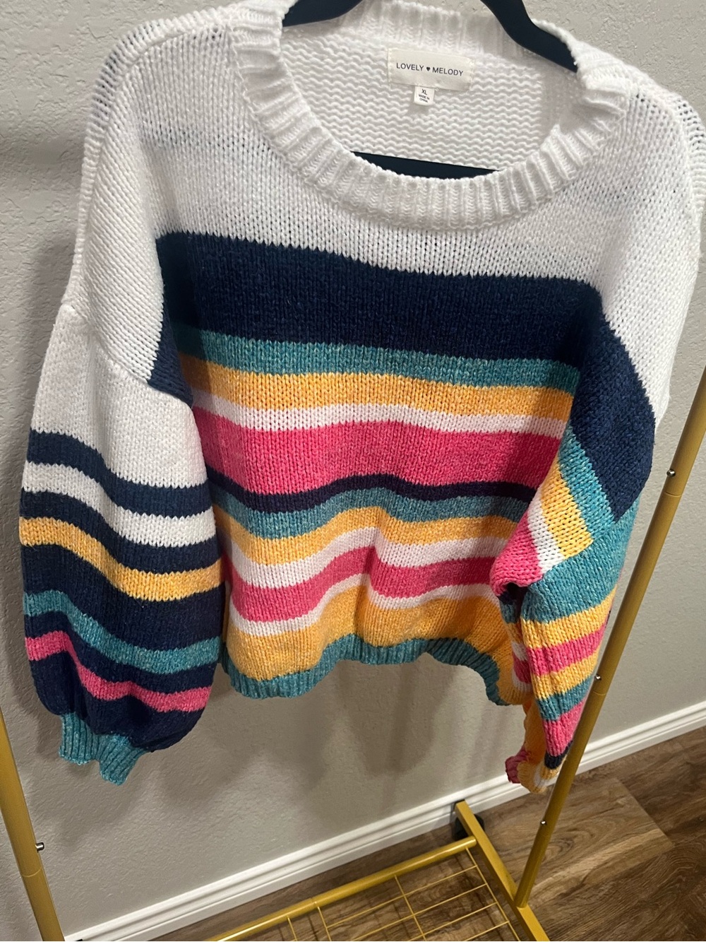 Lovely Melody XL Multicolor Striped Oversized Sweater Chunky Knit Balloon Sleeve